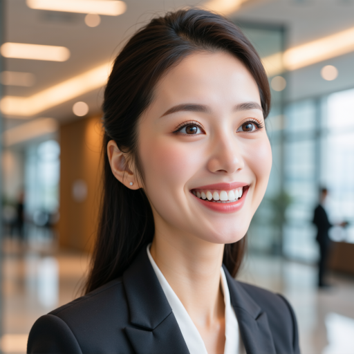 三十多岁女性头像，穿职业套装，黑色外套，办公室背景，温和微笑表情